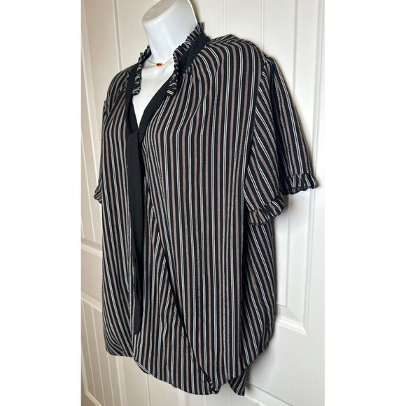 Suzane Betro Black & White Striped Blouse with Ruffled Neck & Sleeves, 1X - Picture 4 of 9